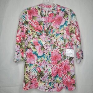 Coral Bay Tropical Floral Button Front Tunic Top ~ Petite